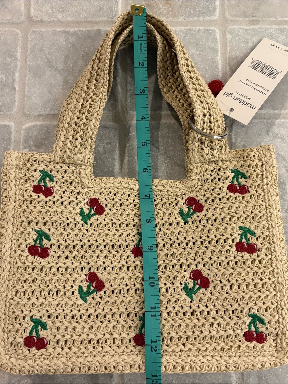 Madden Girl Natural Straw Mini Tote with Red Cherry Embroidery - Picture 3 of 7